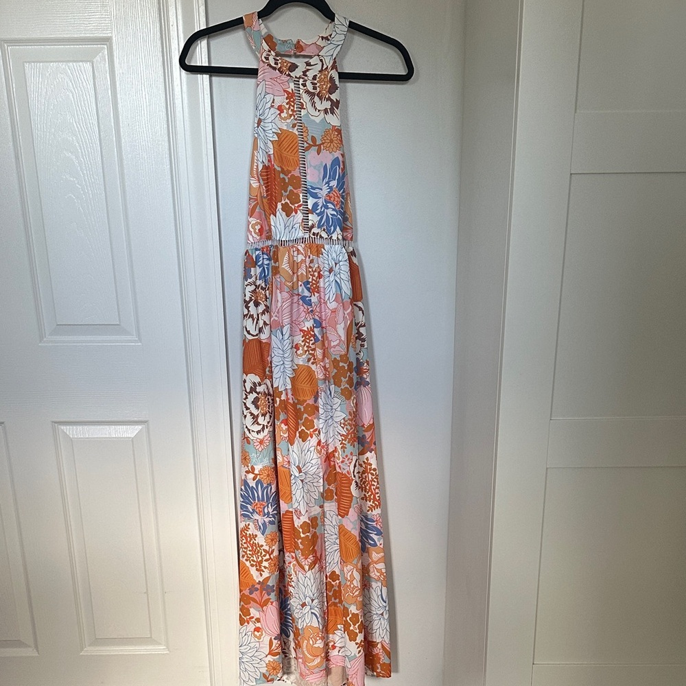 Elegant Floral Maxi Dress - Orange and Blue